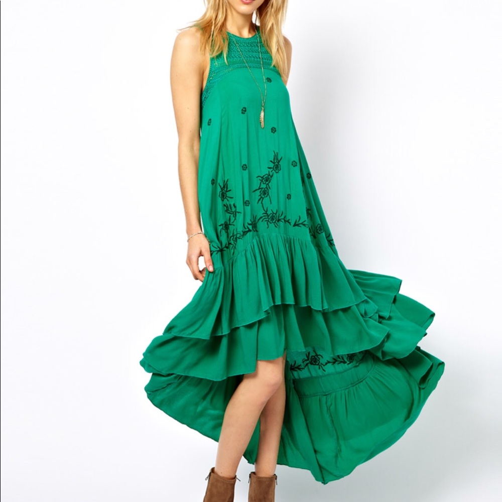 Free People Women's Green Long Tiered Dress